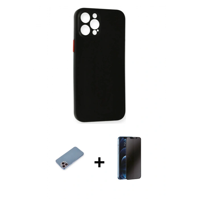 MARSİLYAN™- iPhone 12 Pro Kılıf Yadigar Yansıma Serisi - Siyah 3D Antistatik Hayalet Cam Ekran Koruyucu + Shine Kamera Lens Koruma Cam - PE