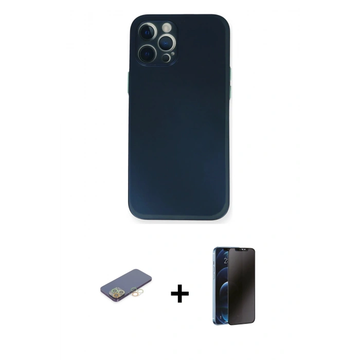 MARSİLYAN™- iPhone 12 Pro Kılıf Yadigar Yansıma Serisi - Siyah 3D Antistatik Hayalet Cam Ekran Koruyucu + Renkli Kamera Lens Koruma Cam - SI
