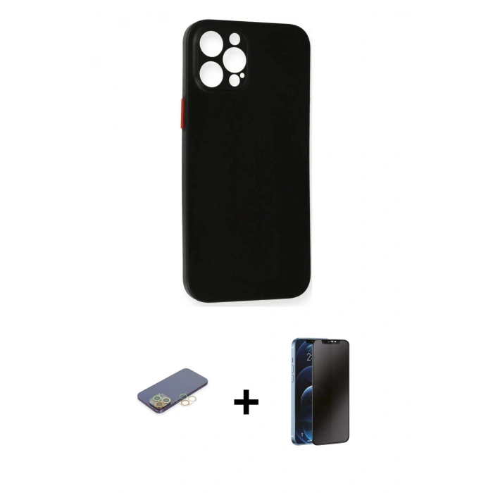 MARSİLYAN™- iPhone 12 Pro Kılıf Yadigar Yansıma Serisi - Siyah 3D Antistatik Hayalet Cam Ekran Koruyucu + Renkli Kamera Lens Koruma Cam - SI