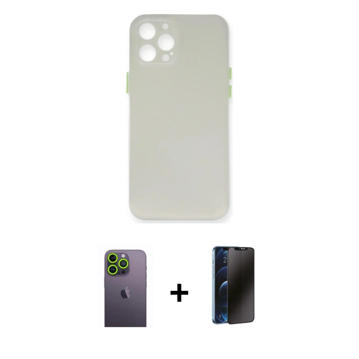 MARSİLYAN™- iPhone 12 Pro Kılıf Yadigar Yansıma Serisi - Siyah 3D Antistatik Hayalet Cam Ekran Koruyucu + Neon Fosforlu Kamera Lens - YL