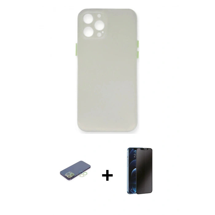 MARSİLYAN™- iPhone 12 Pro Kılıf Yadigar Yansıma Serisi - Siyah 3D Antistatik Hayalet Cam Ekran Koruyucu + Renkli Kamera Lens Koruma Cam - YL