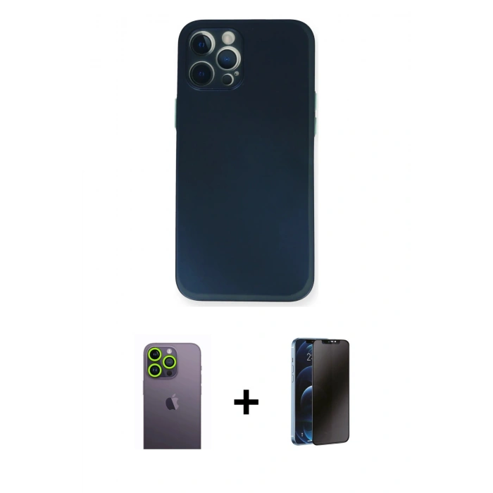 MARSİLYAN™- iPhone 12 Pro Kılıf Yadigar Yansıma Serisi - Siyah 3D Antistatik Hayalet Cam Ekran Koruyucu + Neon Fosforlu Kamera Lens - YL