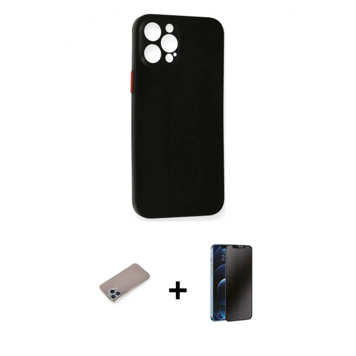 MARSİLYAN™- iPhone 12 Pro Kılıf Yadigar Yansıma Serisi - Siyah 3D Antistatik Hayalet Cam Ekran Koruyucu + Shine Kamera Lens Koruma Cam - SABE