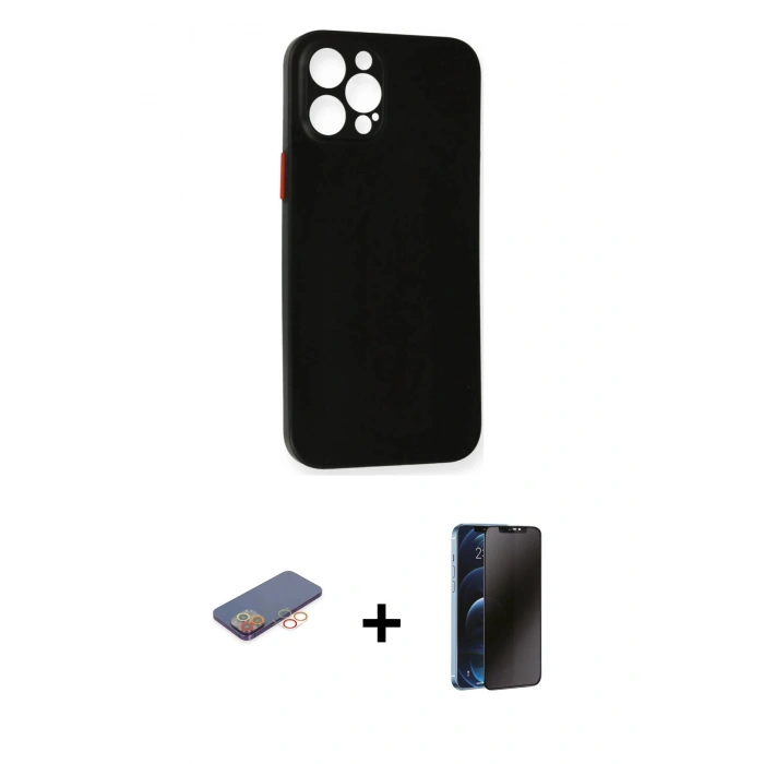 MARSİLYAN™- iPhone 12 Pro Kılıf Yadigar Yansıma Serisi - Siyah 3D Antistatik Hayalet Cam Ekran Koruyucu + Renkli Kamera Lens Koruma Cam - TU