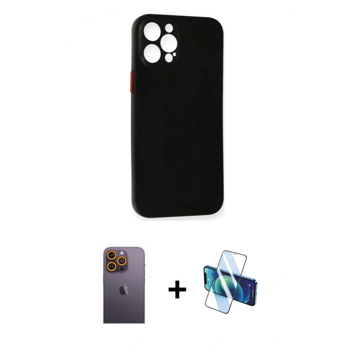 MARSİLYAN™- iPhone 12 Pro Kılıf Yadigar Yansıma Serisi - Siyah 3D Antistatik Seramik Nano Ekran Koruyucu + Neon Fosforlu Kamera Lens - SI