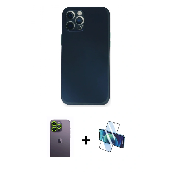 MARSİLYAN™- iPhone 12 Pro Kılıf Yadigar Yansıma Serisi - Siyah 3D Antistatik Seramik Nano Ekran Koruyucu + Neon Fosforlu Kamera Lens - YL