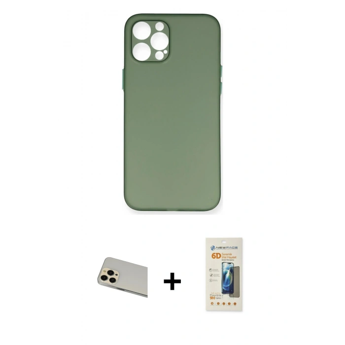 MARSİLYAN™- iPhone 12 Pro Kılıf Yadigar Yansıma Serisi - Siyah 6D Mat Seramik Hayalet Nano Ekran Koruyucu + Gold Rainbow Kamera Lens Koruma Cam