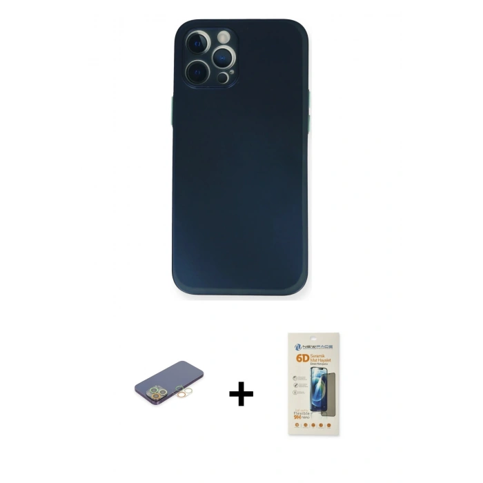 MARSİLYAN™- iPhone 12 Pro Kılıf Yadigar Yansıma Serisi - Siyah 6D Mat Seramik Hayalet Nano Ekran Koruyucu + Sarı Renkli Kamera Lens Koruma Cam
