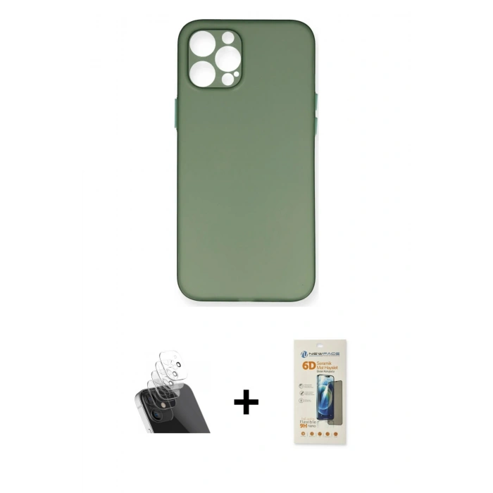 MARSİLYAN™- iPhone 12 Pro Kılıf Yadigar Yansıma Serisi - Siyah 6D Mat Seramik Hayalet Nano Ekran Koruyucu + Kamera Lens Koruma Cam - SF