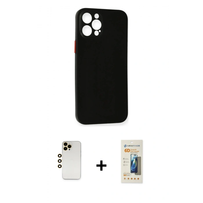 MARSİLYAN™- iPhone 12 Pro Kılıf Yadigar Yansıma Serisi - Siyah 6D Mat Seramik Hayalet Nano Ekran Koruyucu + Shine Kamera Lens - GD
