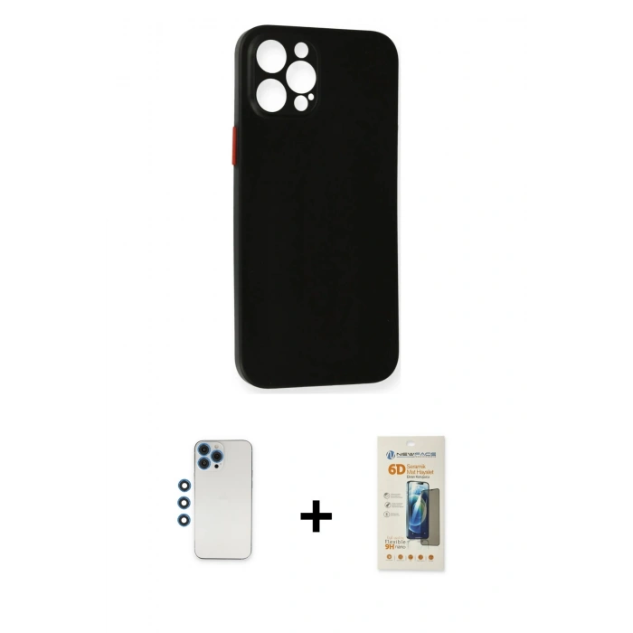 MARSİLYAN™- iPhone 12 Pro Kılıf Yadigar Yansıma Serisi - Siyah 6D Mat Seramik Hayalet Nano Ekran Koruyucu + Shine Kamera Lens - MI