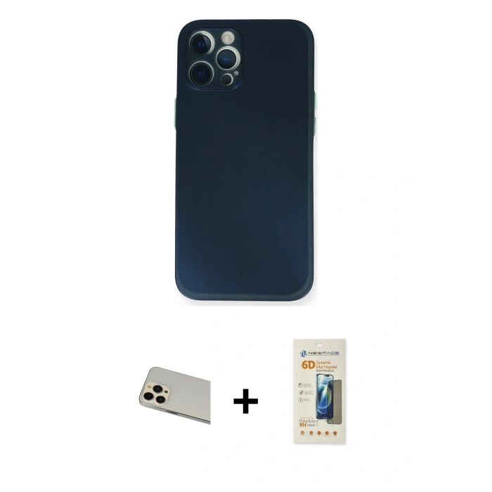 MARSİLYAN™- iPhone 12 Pro Kılıf Yadigar Yansıma Serisi - Siyah 6D Mat Seramik Hayalet Nano Ekran Koruyucu + Gold Rainbow Kamera Lens Koruma Cam