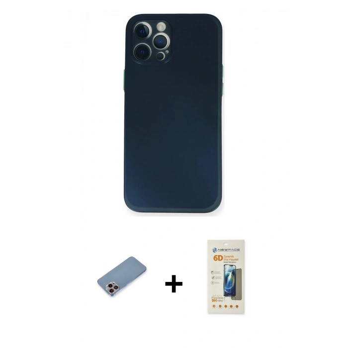 MARSİLYAN™- iPhone 12 Pro Kılıf Yadigar Yansıma Serisi - Siyah 6D Mat Seramik Hayalet Nano Ekran Koruyucu + Shine Kamera Lens Koruma Cam - PE