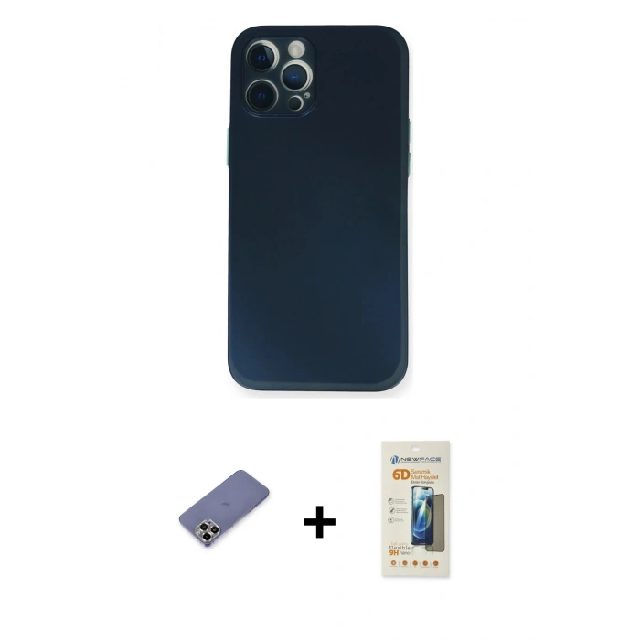 MARSİLYAN™- iPhone 12 Pro Kılıf Yadigar Yansıma Serisi - Siyah 6D Mat Seramik Hayalet Nano Ekran Koruyucu + Metal Kamera Lens Koruma Cam - GD