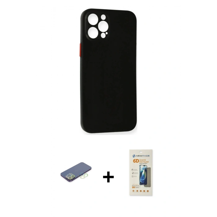 MARSİLYAN™- iPhone 12 Pro Kılıf Yadigar Yansıma Serisi - Siyah 6D Mat Seramik Hayalet Nano Ekran Koruyucu + Renkli Kamera Lens Koruma Cam - YL