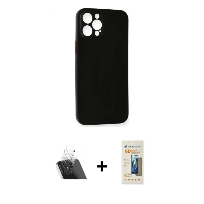 MARSİLYAN™- iPhone 12 Pro Kılıf Yadigar Yansıma Serisi - Siyah 6D Mat Seramik Hayalet Nano Ekran Koruyucu + Kamera Lens Koruma Cam - SF