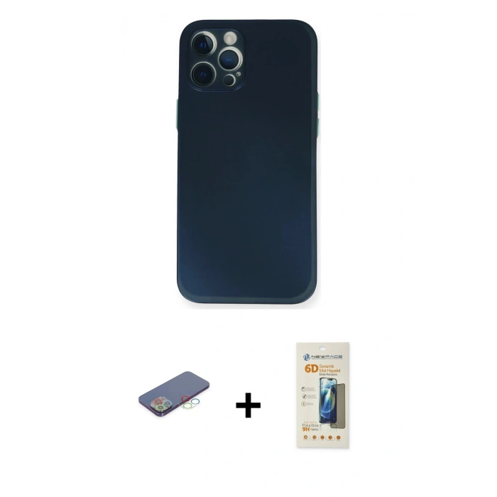 MARSİLYAN™- iPhone 12 Pro Kılıf Yadigar Yansıma Serisi - Siyah 6D Mat Seramik Hayalet Nano Ekran Koruyucu + Renkli Kamera Lens Koruma Cam - MI