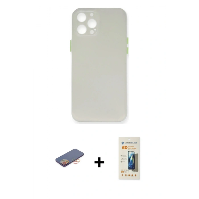 MARSİLYAN™- iPhone 12 Pro Kılıf Yadigar Yansıma Serisi - Siyah 6D Mat Seramik Hayalet Nano Ekran Koruyucu + Renkli Kamera Lens Koruma Cam - TU
