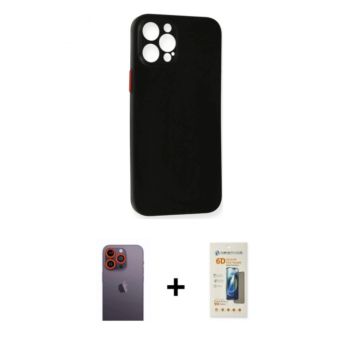 MARSİLYAN™- iPhone 12 Pro Kılıf Yadigar Yansıma Serisi - Siyah 6D Mat Seramik Hayalet Nano Ekran Koruyucu + Turuncu Neon Fosforlu Kamera Lens