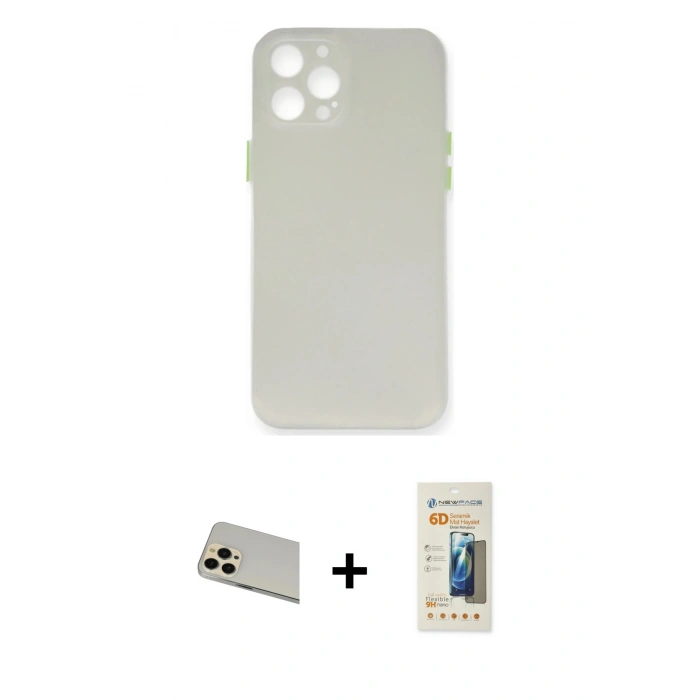 MARSİLYAN™- iPhone 12 Pro Kılıf Yadigar Yansıma Serisi - Siyah 6D Mat Seramik Hayalet Nano Ekran Koruyucu + Gold Rainbow Kamera Lens Koruma Cam