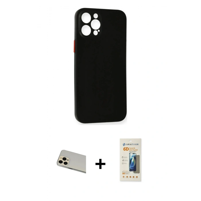 MARSİLYAN™- iPhone 12 Pro Kılıf Yadigar Yansıma Serisi - Siyah 6D Mat Seramik Hayalet Nano Ekran Koruyucu + Gold Rainbow Kamera Lens Koruma Cam