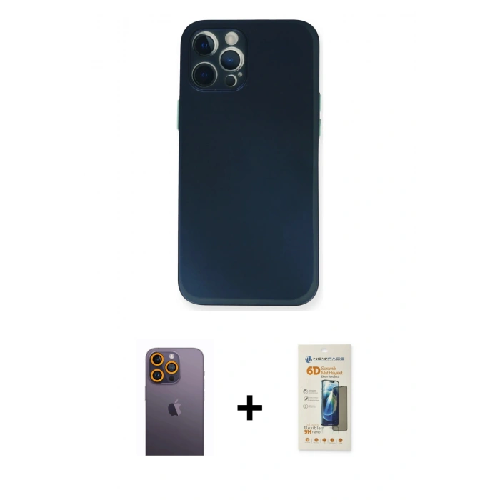 MARSİLYAN™- iPhone 12 Pro Kılıf Yadigar Yansıma Serisi - Siyah 6D Mat Seramik Hayalet Nano Ekran Koruyucu + Neon Fosforlu Kamera Lens - SI