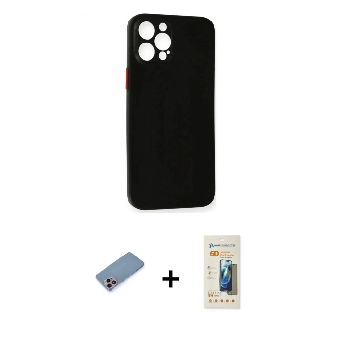 MARSİLYAN™- iPhone 12 Pro Kılıf Yadigar Yansıma Serisi - Siyah 6D Mat Seramik Hayalet Nano Ekran Koruyucu + Shine Kamera Lens Koruma Cam - PE