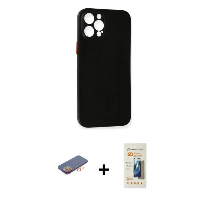 MARSİLYAN™- iPhone 12 Pro Kılıf Yadigar Yansıma Serisi - Siyah 6D Mat Seramik Hayalet Nano Ekran Koruyucu + Renkli Kamera Lens Koruma Cam - TU