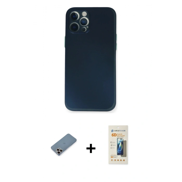 MARSİLYAN™- iPhone 12 Pro Kılıf Yadigar Yansıma Serisi - Siyah 6D Mat Seramik Hayalet Nano Ekran Koruyucu + Metal Kamera Lens Koruma Cam - MR