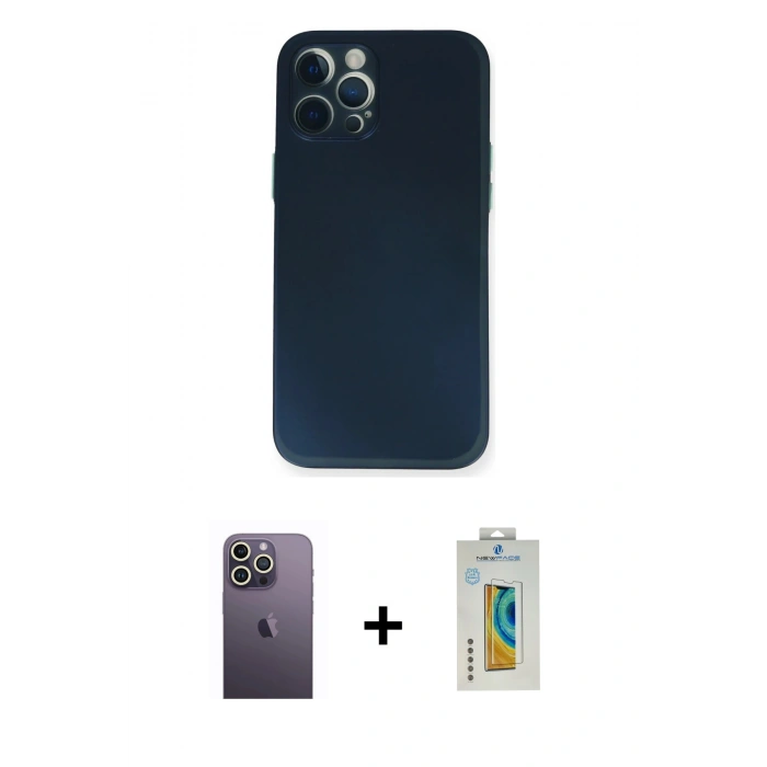 MARSİLYAN™- iPhone 12 Pro Kılıf Yadigar Yansıma Serisi - Siyah Polymer Nano Ekran Koruyucu + Neon Fosforlu Kamera Lens - BZ