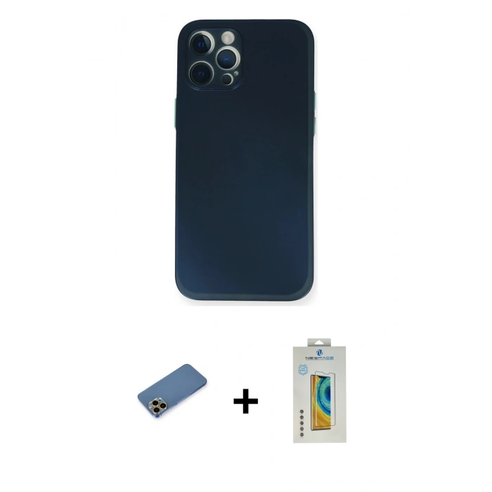 MARSİLYAN™- iPhone 12 Pro Kılıf Yadigar Yansıma Serisi - Siyah Polymer Nano Ekran Koruyucu + Gold Shine Kamera Lens Koruma Cam