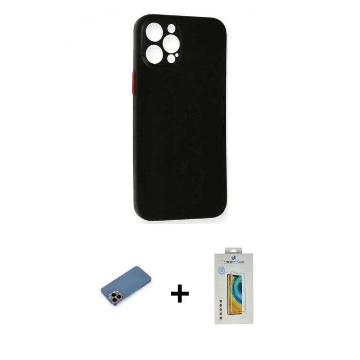 MARSİLYAN™- iPhone 12 Pro Kılıf Yadigar Yansıma Serisi - Siyah Polymer Nano Ekran Koruyucu + Gold Shine Kamera Lens Koruma Cam