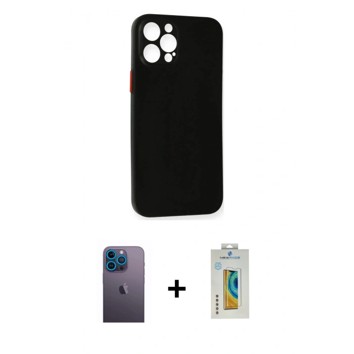 MARSİLYAN™- iPhone 12 Pro Kılıf Yadigar Yansıma Serisi - Siyah Polymer Nano Ekran Koruyucu + Neon Fosforlu Kamera Lens - MI
