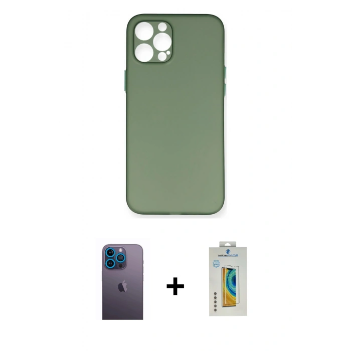 MARSİLYAN™- iPhone 12 Pro Kılıf Yadigar Yansıma Serisi - Siyah Polymer Nano Ekran Koruyucu + Neon Fosforlu Kamera Lens - MI