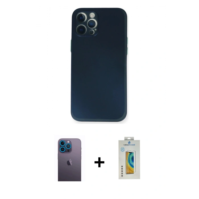 MARSİLYAN™- iPhone 12 Pro Kılıf Yadigar Yansıma Serisi - Siyah Polymer Nano Ekran Koruyucu + Neon Fosforlu Kamera Lens - MI