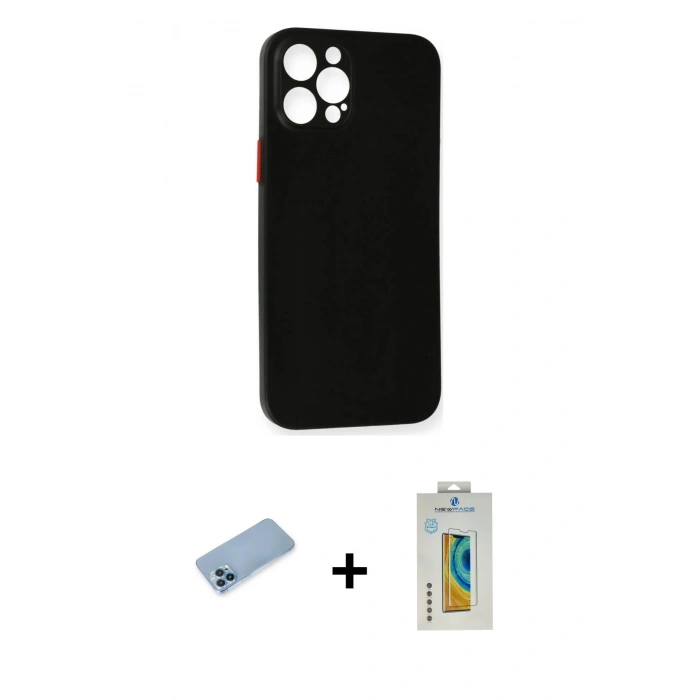 MARSİLYAN™- iPhone 12 Pro Kılıf Yadigar Yansıma Serisi - Siyah Polymer Nano Ekran Koruyucu + Mavi Shine Kamera Lens Koruma Cam