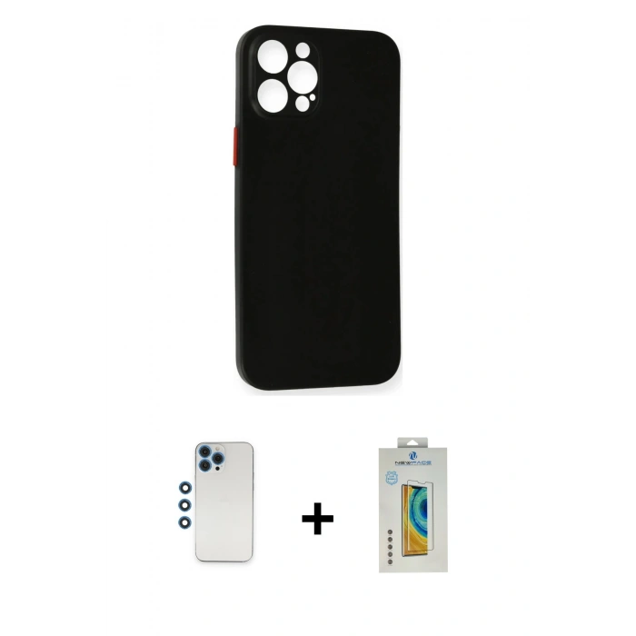 MARSİLYAN™- iPhone 12 Pro Kılıf Yadigar Yansıma Serisi - Siyah Polymer Nano Ekran Koruyucu + Shine Kamera Lens - MI