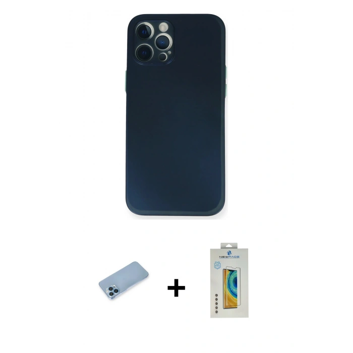 MARSİLYAN™- iPhone 12 Pro Kılıf Yadigar Yansıma Serisi - Siyah Polymer Nano Ekran Koruyucu + Mavi Shine Kamera Lens Koruma Cam