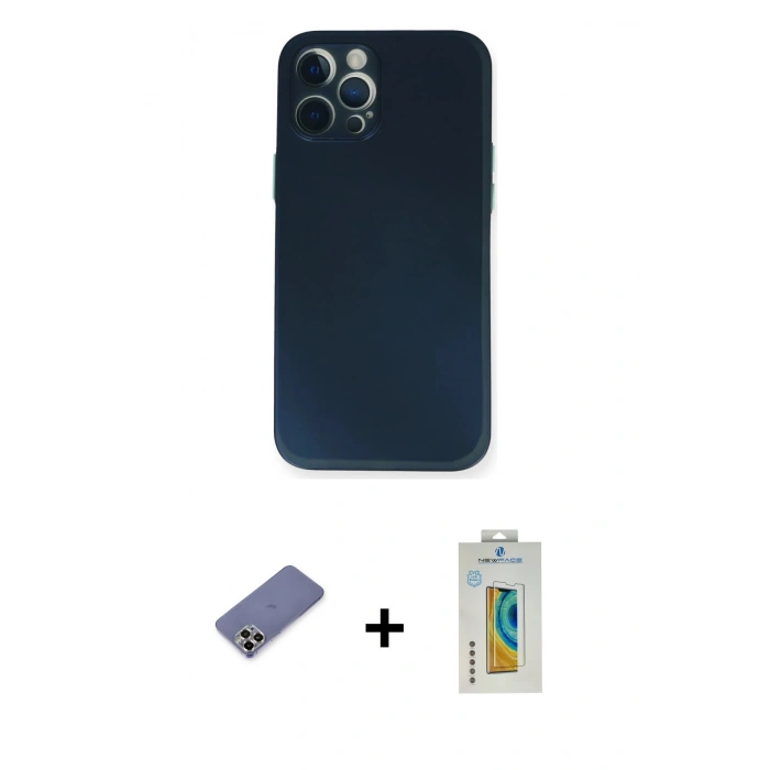 MARSİLYAN™- iPhone 12 Pro Kılıf Yadigar Yansıma Serisi - Siyah Polymer Nano Ekran Koruyucu + Metal Kamera Lens Koruma Cam - GD