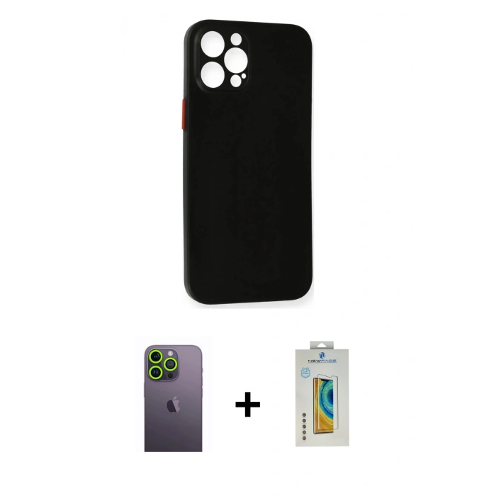 MARSİLYAN™- iPhone 12 Pro Kılıf Yadigar Yansıma Serisi - Siyah Polymer Nano Ekran Koruyucu + Neon Fosforlu Kamera Lens - YL