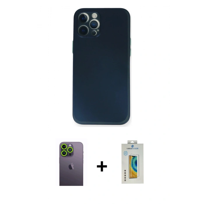 MARSİLYAN™- iPhone 12 Pro Kılıf Yadigar Yansıma Serisi - Siyah Polymer Nano Ekran Koruyucu + Neon Fosforlu Kamera Lens - YL