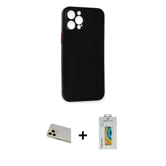 MARSİLYAN™- iPhone 12 Pro Kılıf Yadigar Yansıma Serisi - Siyah Polymer Nano Ekran Koruyucu + Rainbow Kamera Lens Koruma Cam - GD