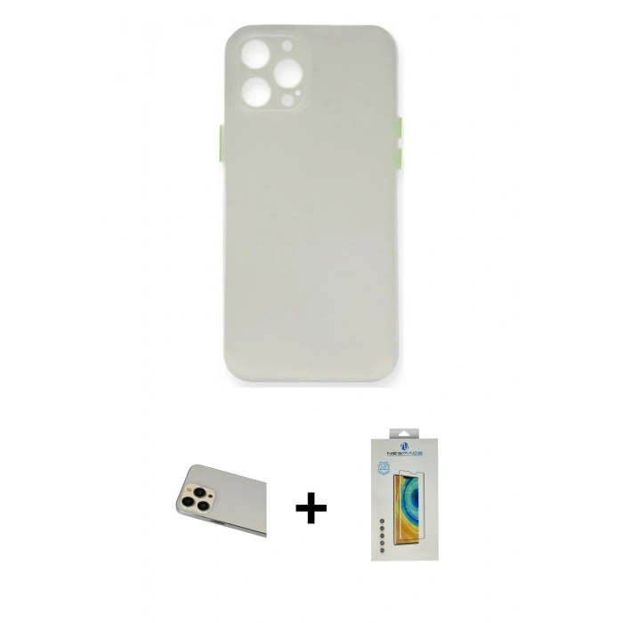 MARSİLYAN™- iPhone 12 Pro Kılıf Yadigar Yansıma Serisi - Siyah Polymer Nano Ekran Koruyucu + Rainbow Kamera Lens Koruma Cam - GD
