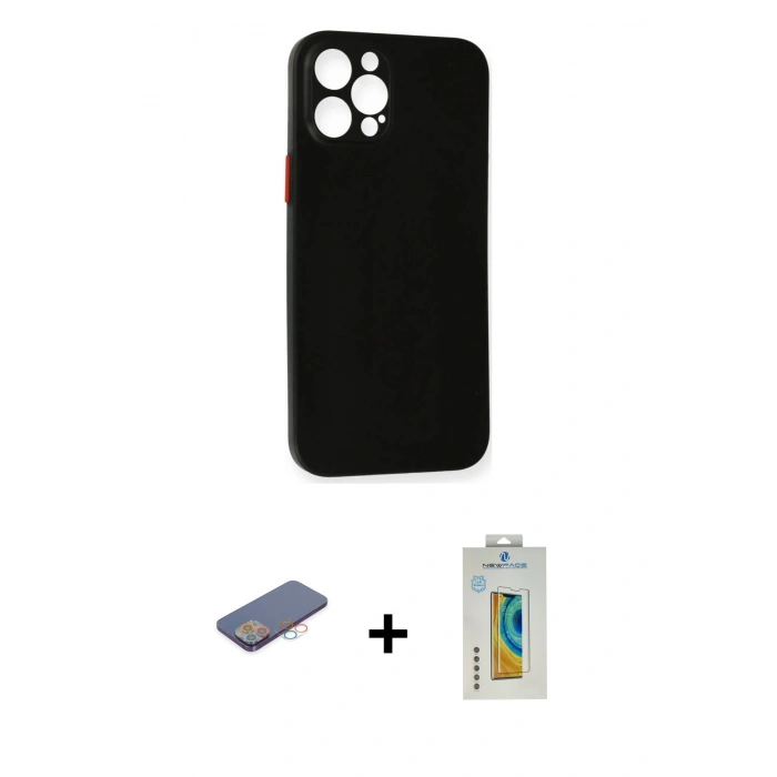 MARSİLYAN™- iPhone 12 Pro Kılıf Yadigar Yansıma Serisi - Siyah Polymer Nano Ekran Koruyucu + Renkli Kamera Lens Koruma Cam - PE