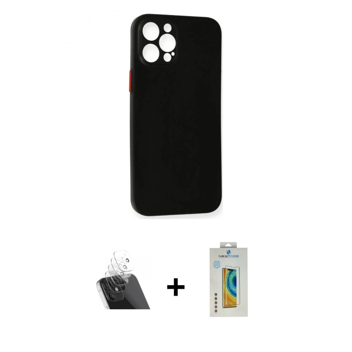 MARSİLYAN™- iPhone 12 Pro Kılıf Yadigar Yansıma Serisi - Siyah Polymer Nano Ekran Koruyucu + Kamera Lens Koruma Cam - SF