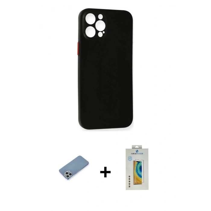 MARSİLYAN™- iPhone 12 Pro Kılıf Yadigar Yansıma Serisi - Siyah Polymer Nano Ekran Koruyucu + Shine Kamera Lens Koruma Cam - GS