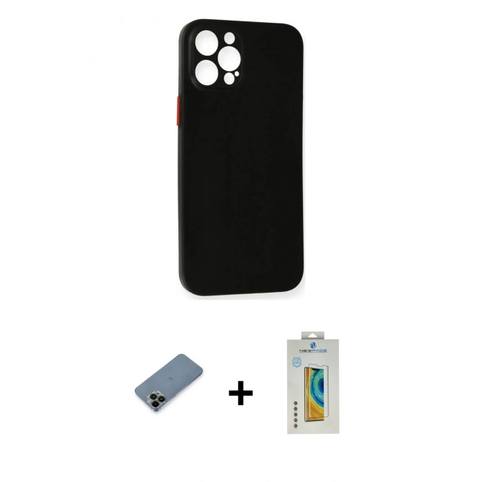 MARSİLYAN™- iPhone 12 Pro Kılıf Yadigar Yansıma Serisi - Siyah Polymer Nano Ekran Koruyucu + Shine Kamera Lens Koruma Cam - SH