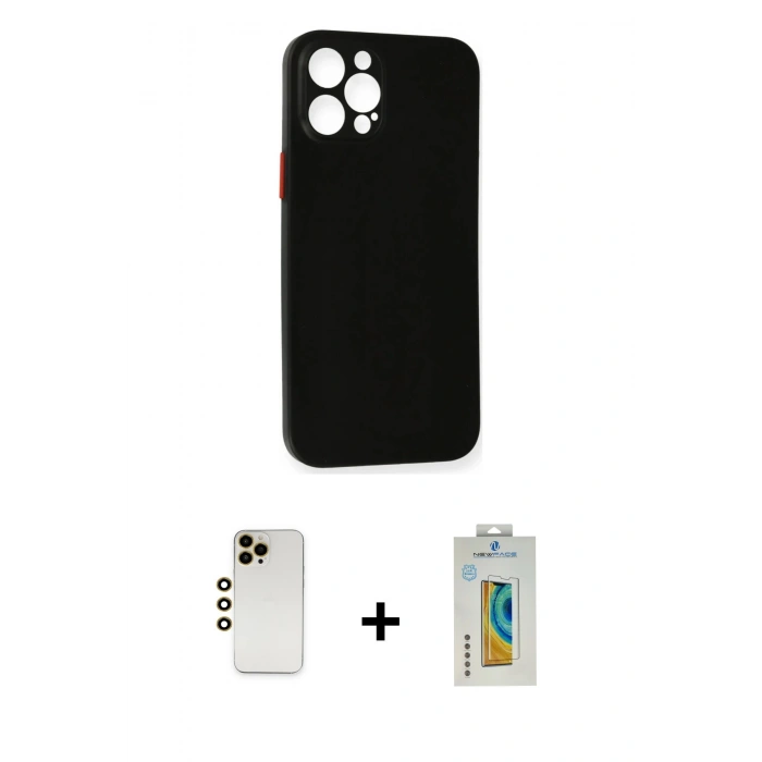 MARSİLYAN™- iPhone 12 Pro Kılıf Yadigar Yansıma Serisi - Siyah Polymer Nano Ekran Koruyucu + Shine Kamera Lens - GD