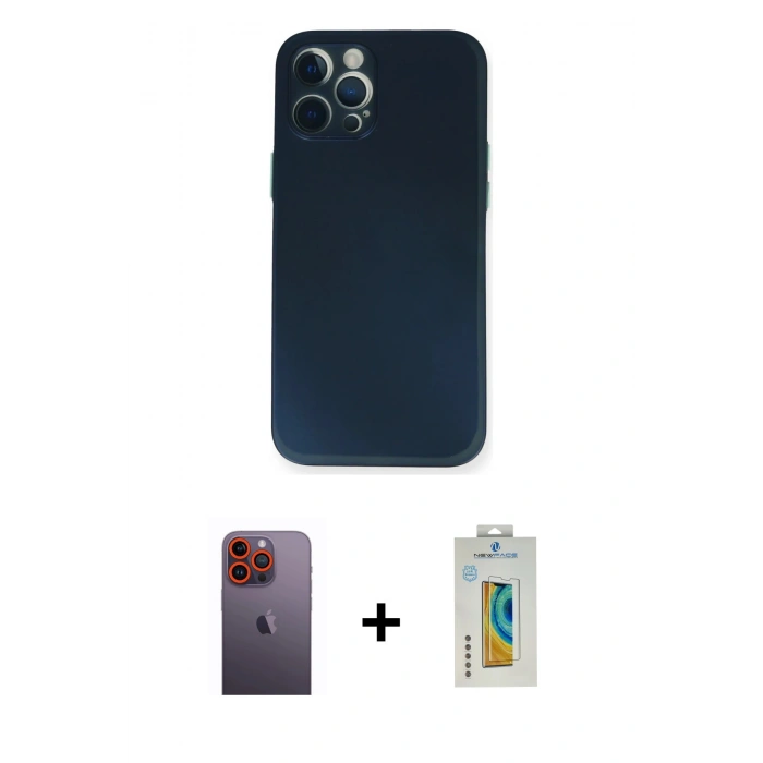 MARSİLYAN™- iPhone 12 Pro Kılıf Yadigar Yansıma Serisi - Siyah Polymer Nano Ekran Koruyucu + Turuncu Neon Fosforlu Kamera Lens