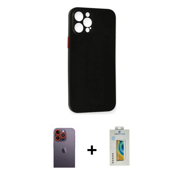 MARSİLYAN™- iPhone 12 Pro Kılıf Yadigar Yansıma Serisi - Siyah Polymer Nano Ekran Koruyucu + Turuncu Neon Fosforlu Kamera Lens